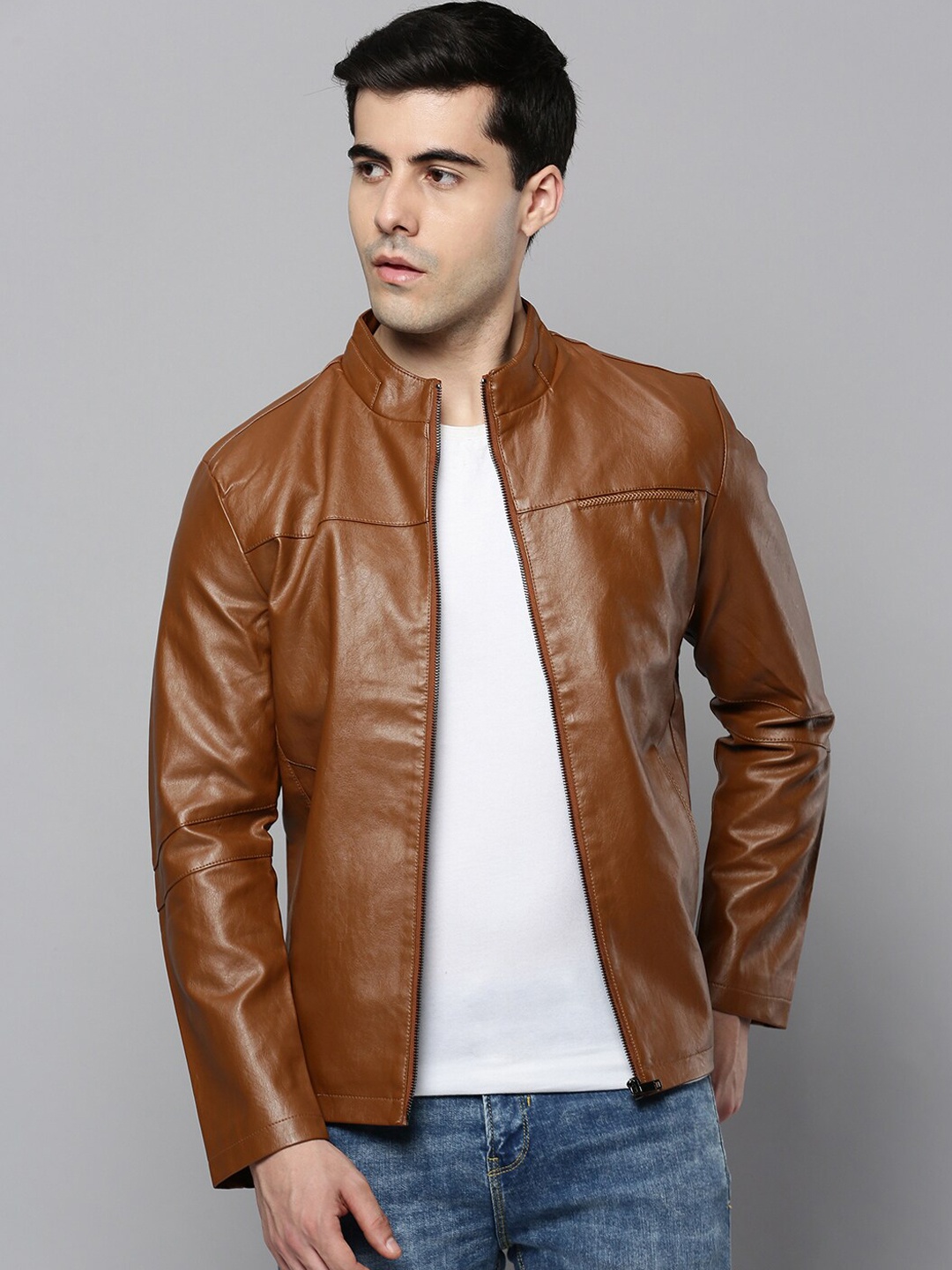 

SHOWOFF Men Leather Biker Jacket, Tan