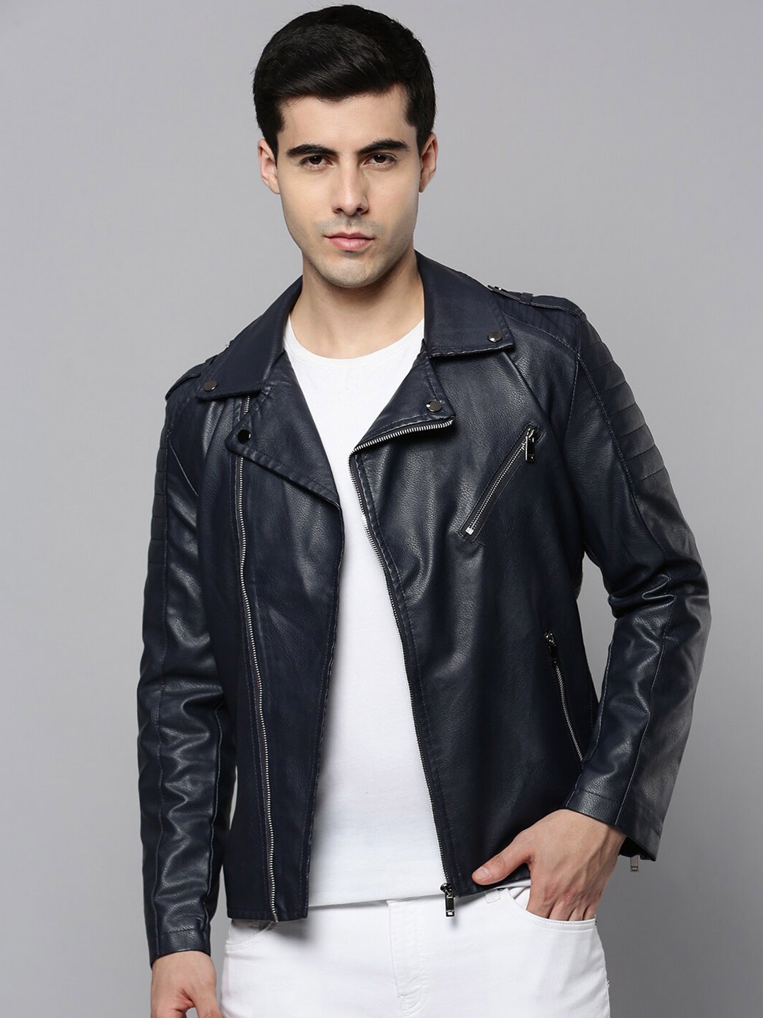 

SHOWOFF Men Leather Biker Jacket, Navy blue