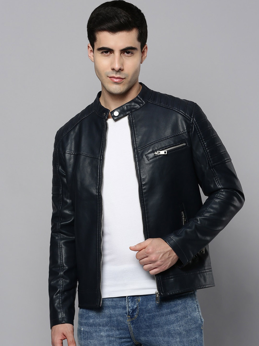 

SHOWOFF Men Leather Biker Jacket, Navy blue
