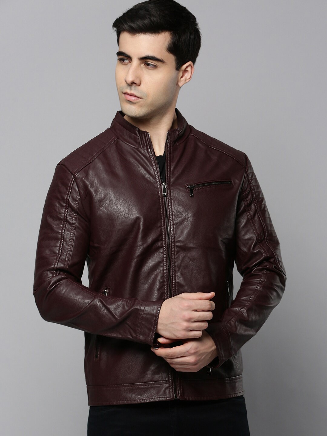 

SHOWOFF Men Leather Biker Jacket, Coffee brown