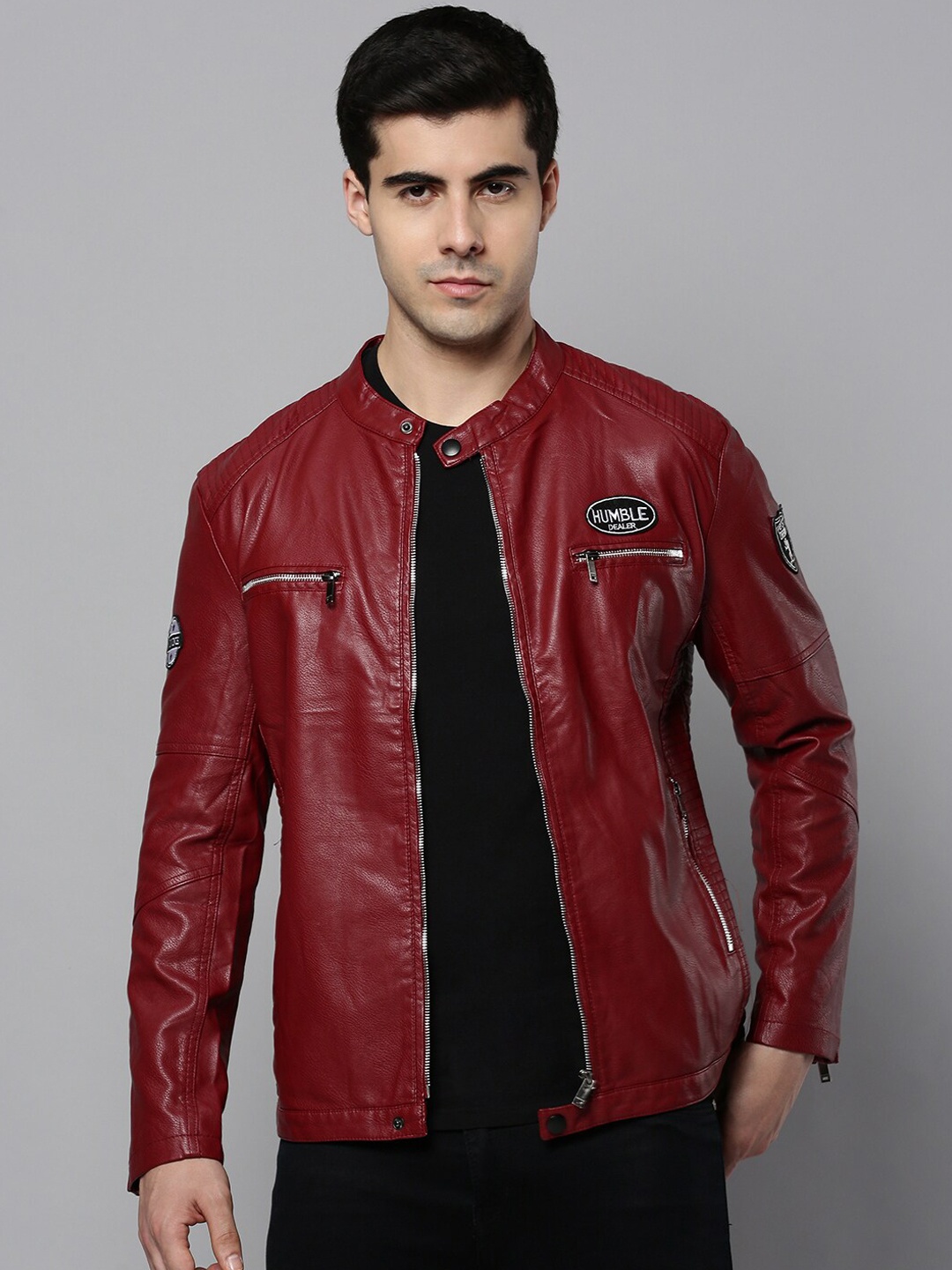 

SHOWOFF Men Leather Biker Jacket, Burgundy