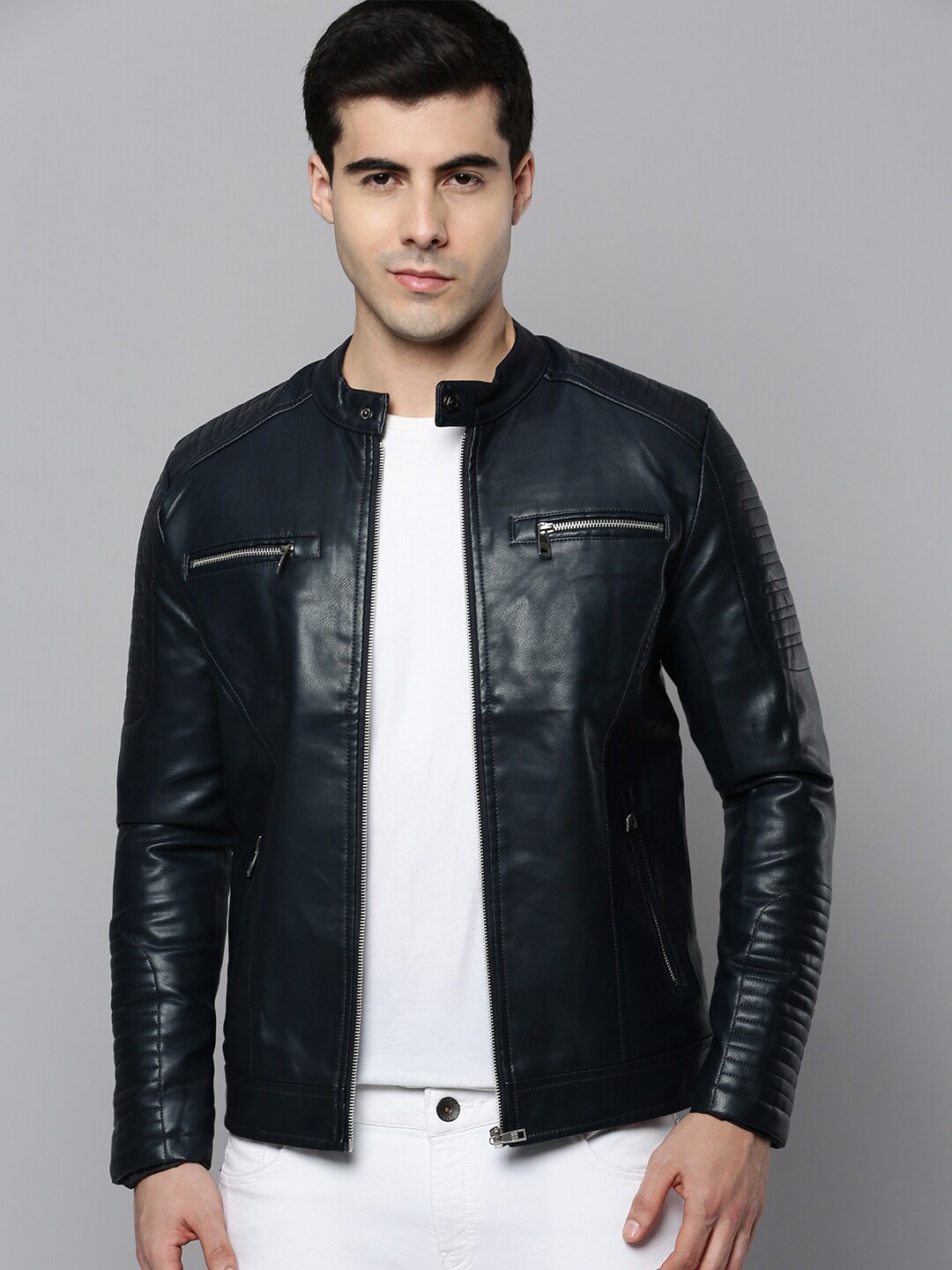 

SHOWOFF Men Solid Leather Jacket, Navy blue