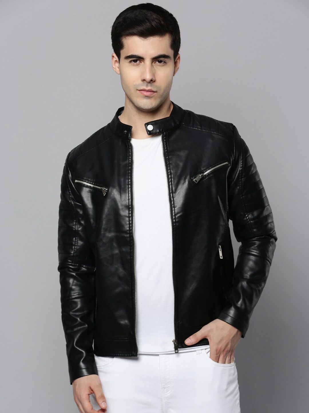 

SHOWOFF Men Leather Biker Jacket with Patchwork, Black
