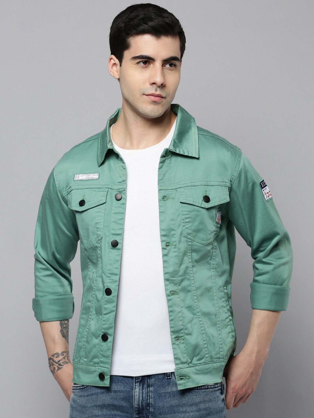 

SHOWOFF Men Spread Collar Solid Cotton Open Front Jacket, Green