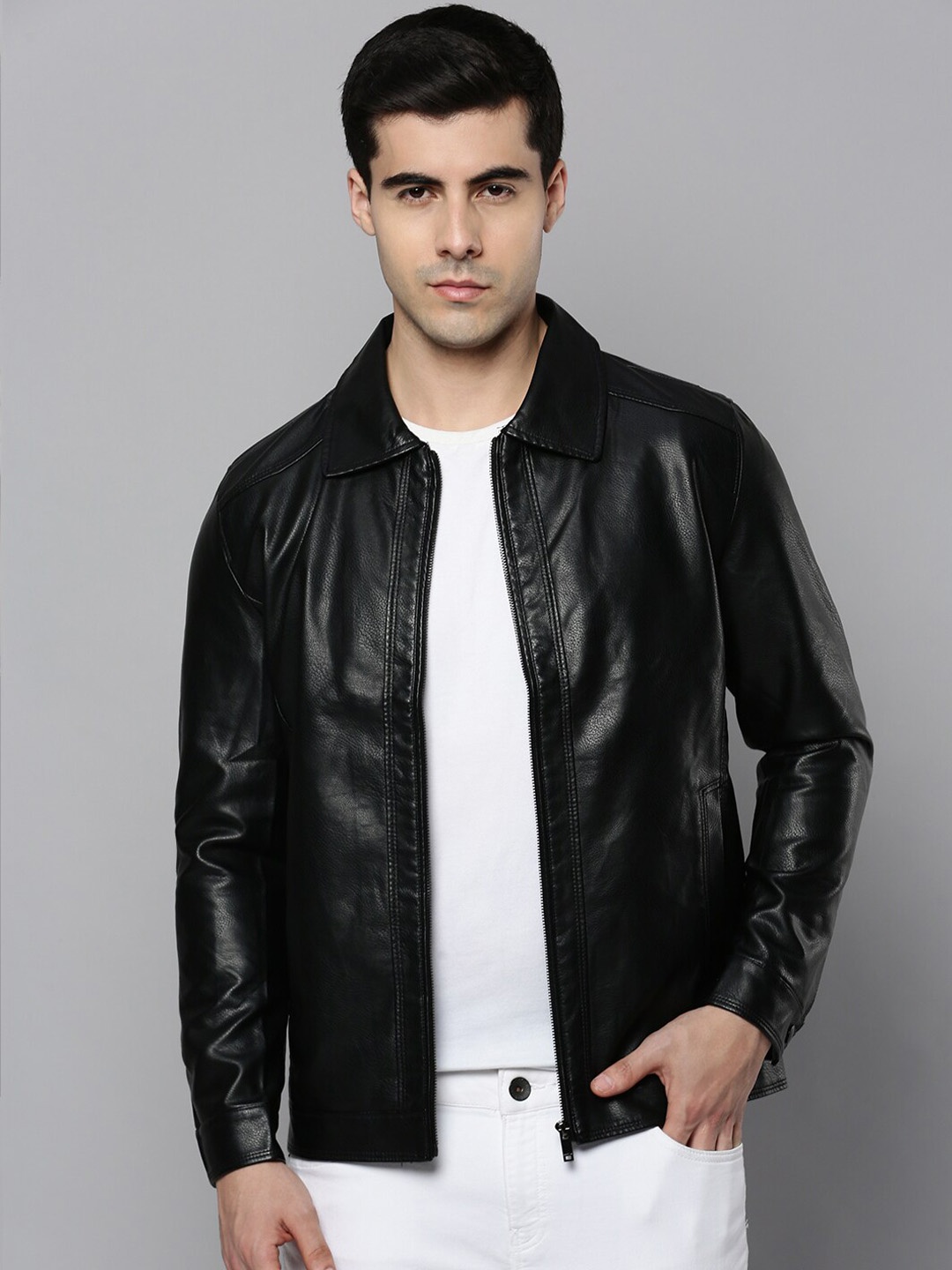 

SHOWOFF Men Solid Leather Jacket, Black