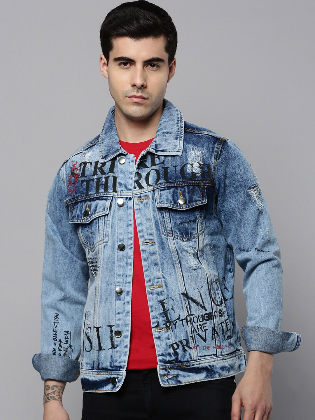 

SHOWOFF Men Washed Denim Jacket, Blue