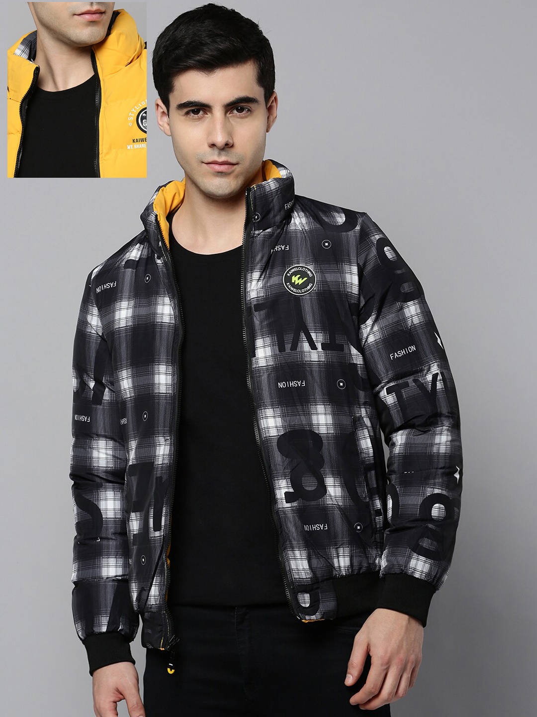 

SHOWOFF Men Reversible Padded Jacket with Patchwork, Yellow