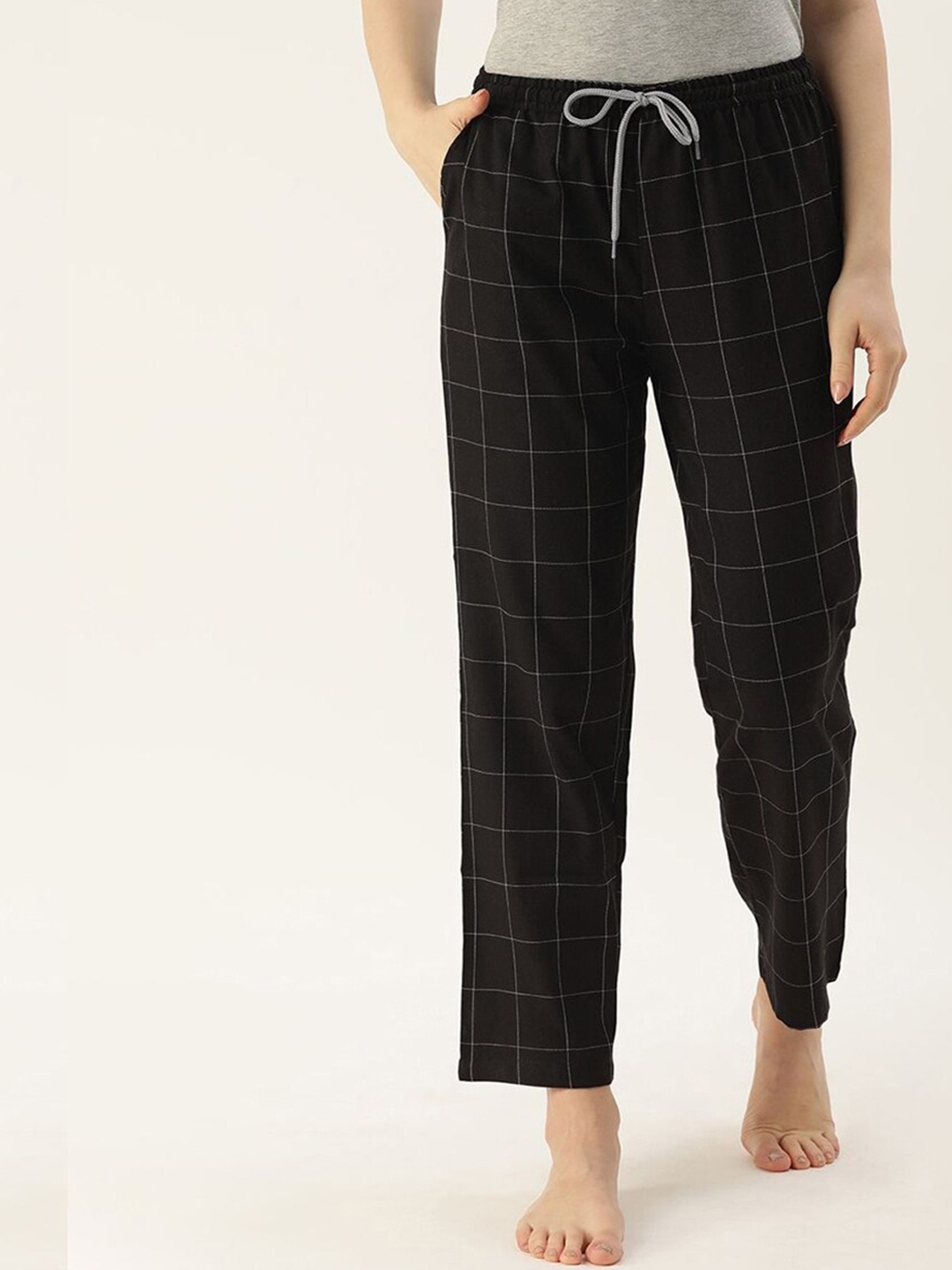 

Kryptic Women Pure Cotton Relaxed Fit Checked Lounge Pants, Black
