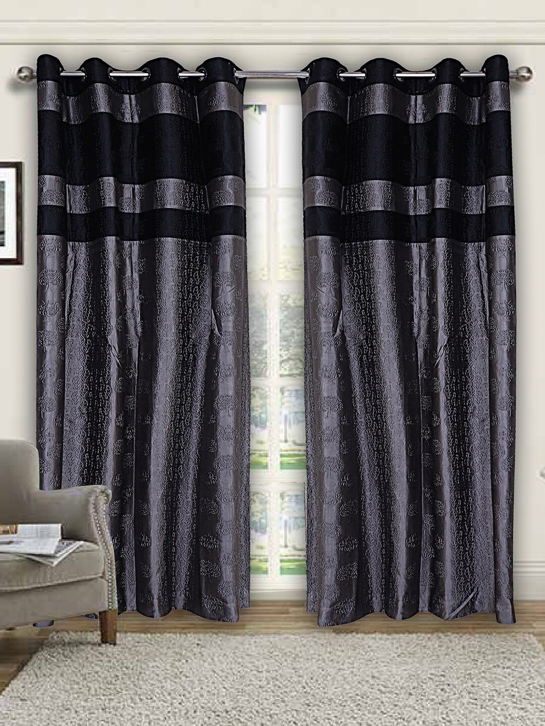 

Kuber Industries Grey & Black Set of 2 Door Curtains 7 Feet