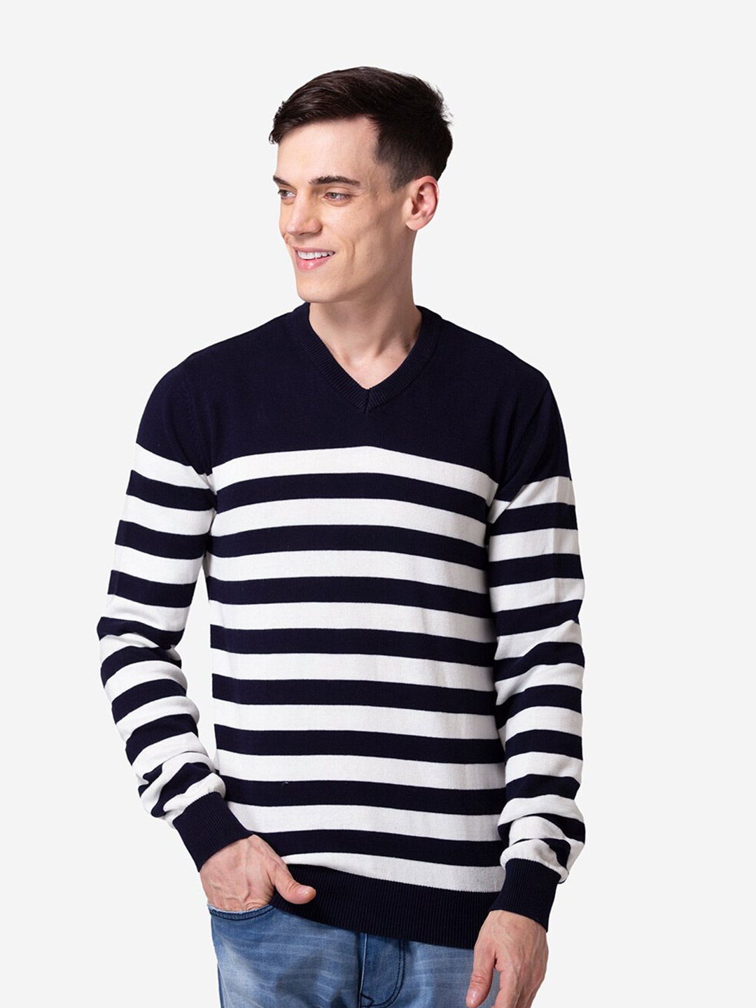 

Allen Cooper Men Navy Blue & White Striped Striped Pullover