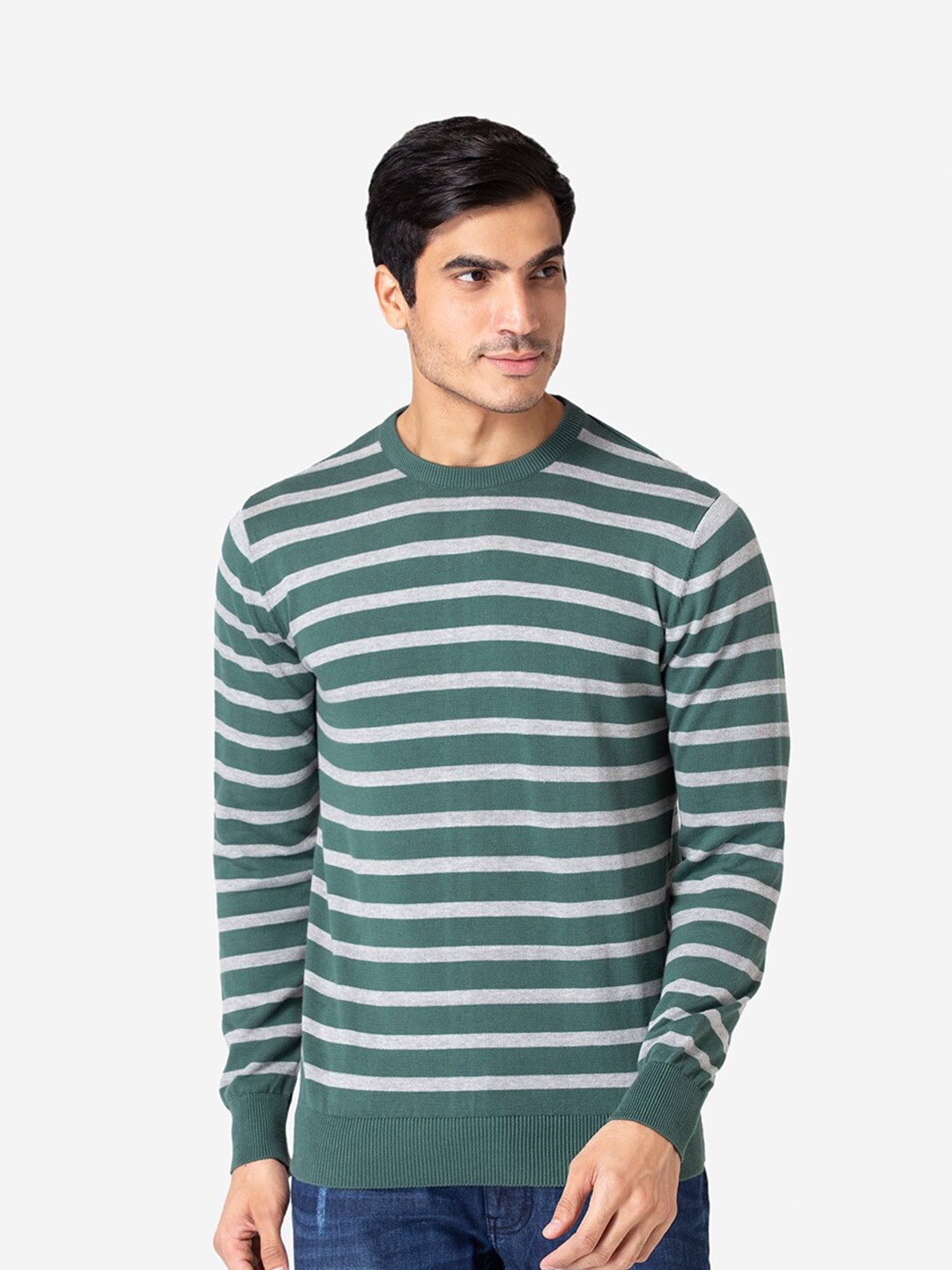 

Allen Cooper Men Striped Pullover Cotton Sweater, Green