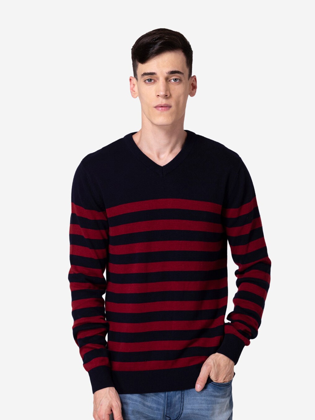 

Allen Cooper Men Striped Cotton Pullover, Black