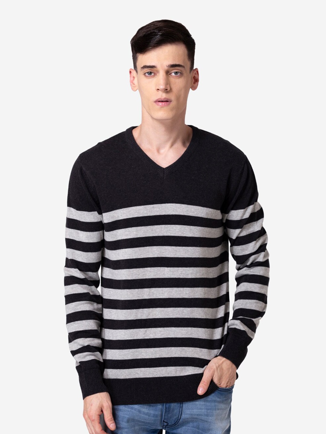 

Allen Cooper Men Striped Pullover Cotton Sweater, Black