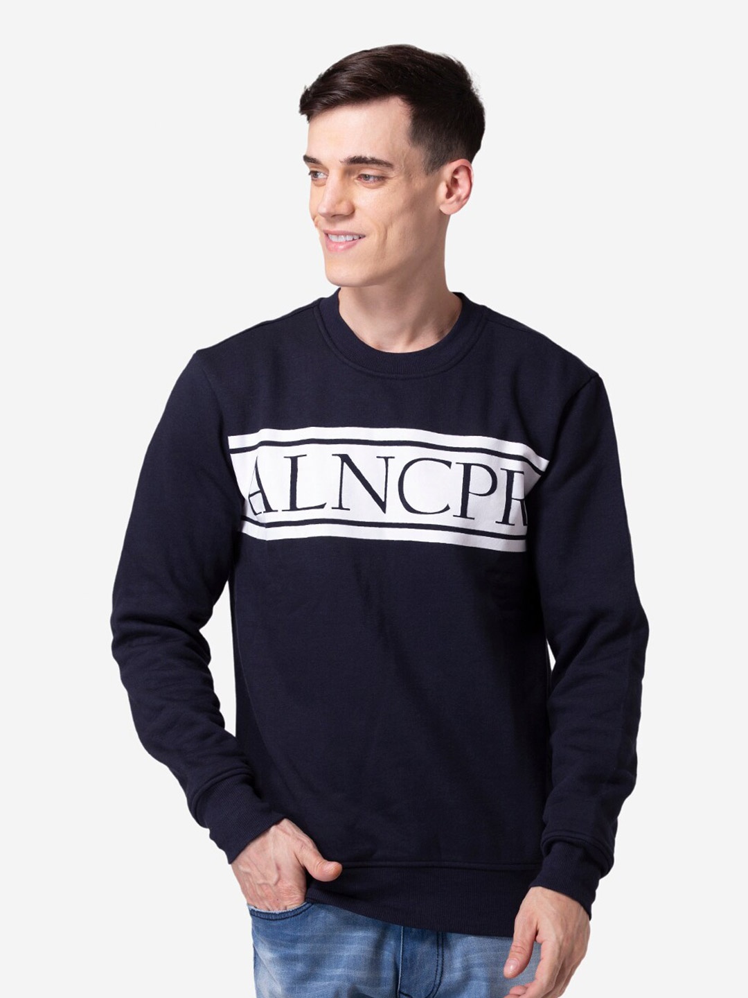 

Allen Cooper Men Printed Cotton Sweatshirt, Navy blue