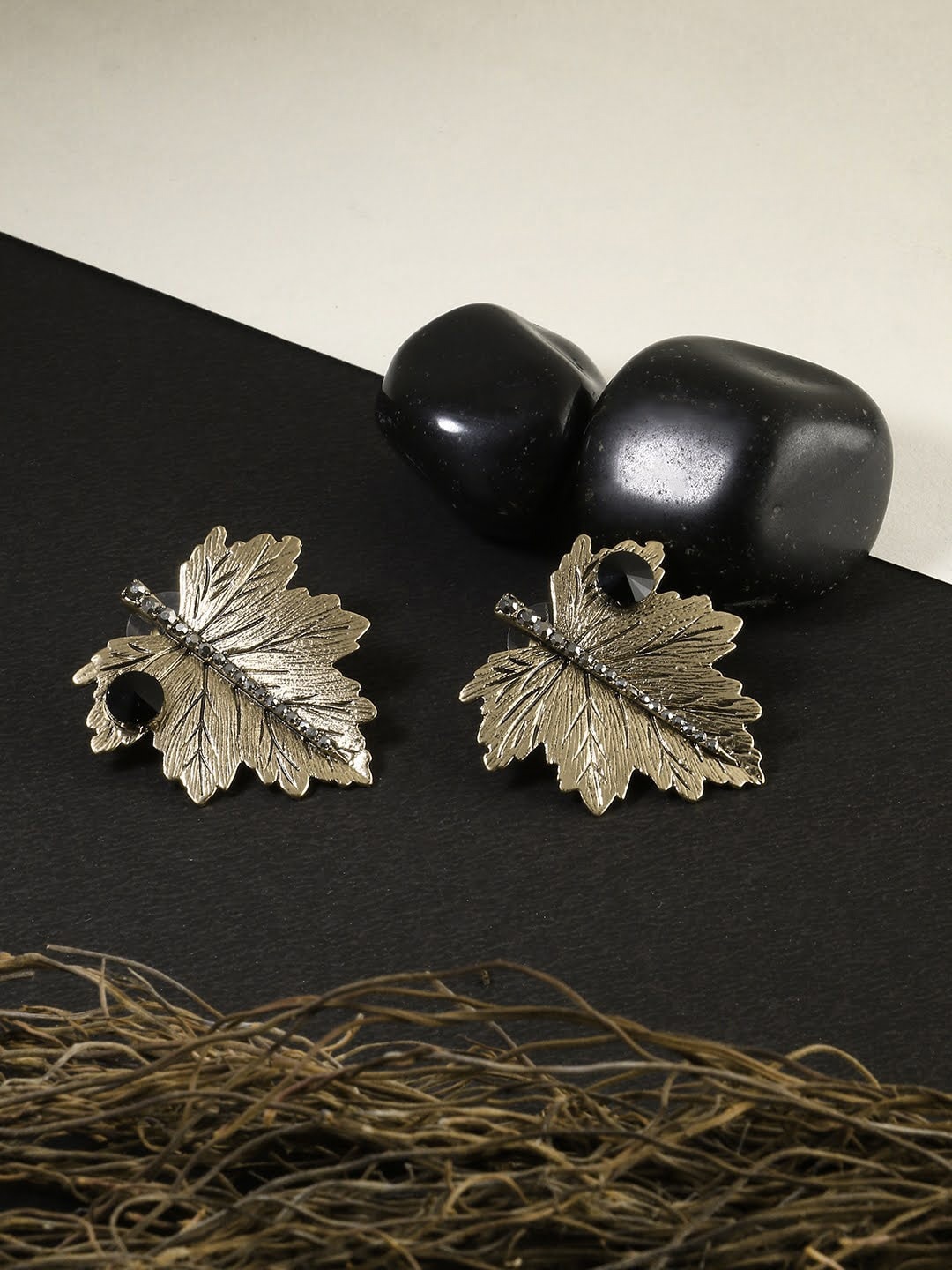 

Adwitiya Collection Gold-Plated Anique Leaf Shaped Studs Earrings, Black