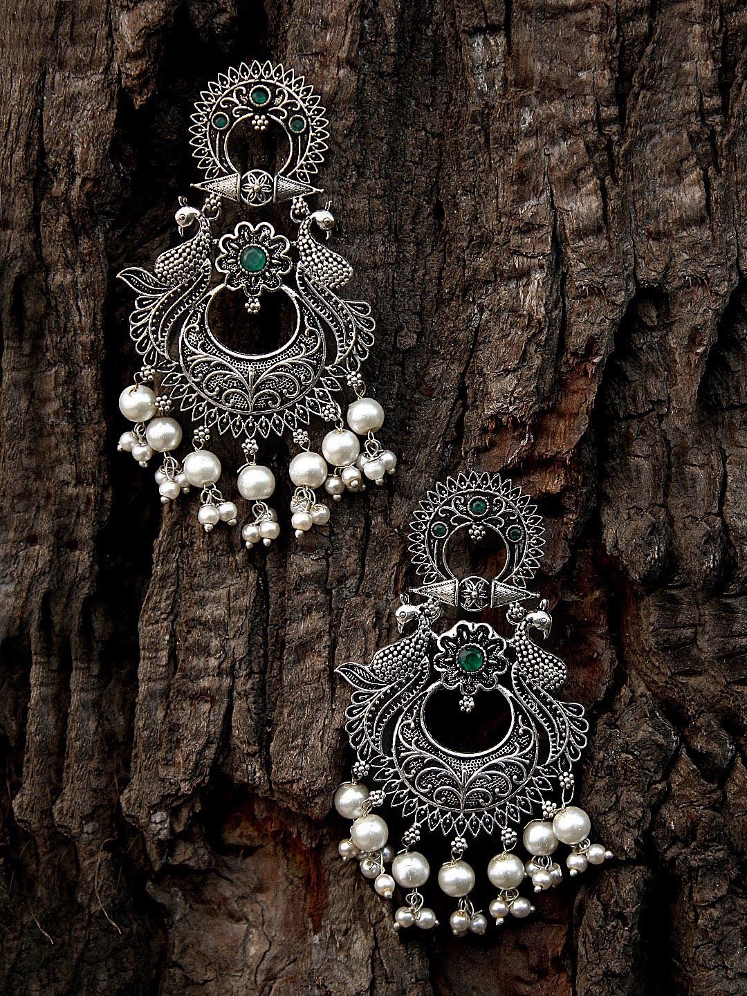 

Adwitiya Collection Silver-Plated Peacock Shaped Drop Earrings, Green