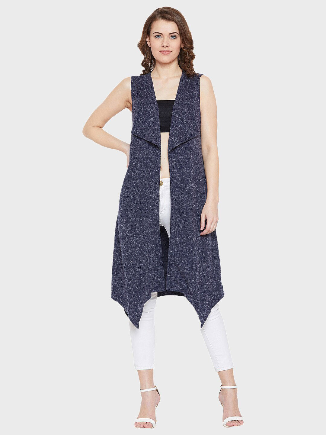 

Hypernation Women Abstract Printed Longline Sleeveless Shrug, Navy blue