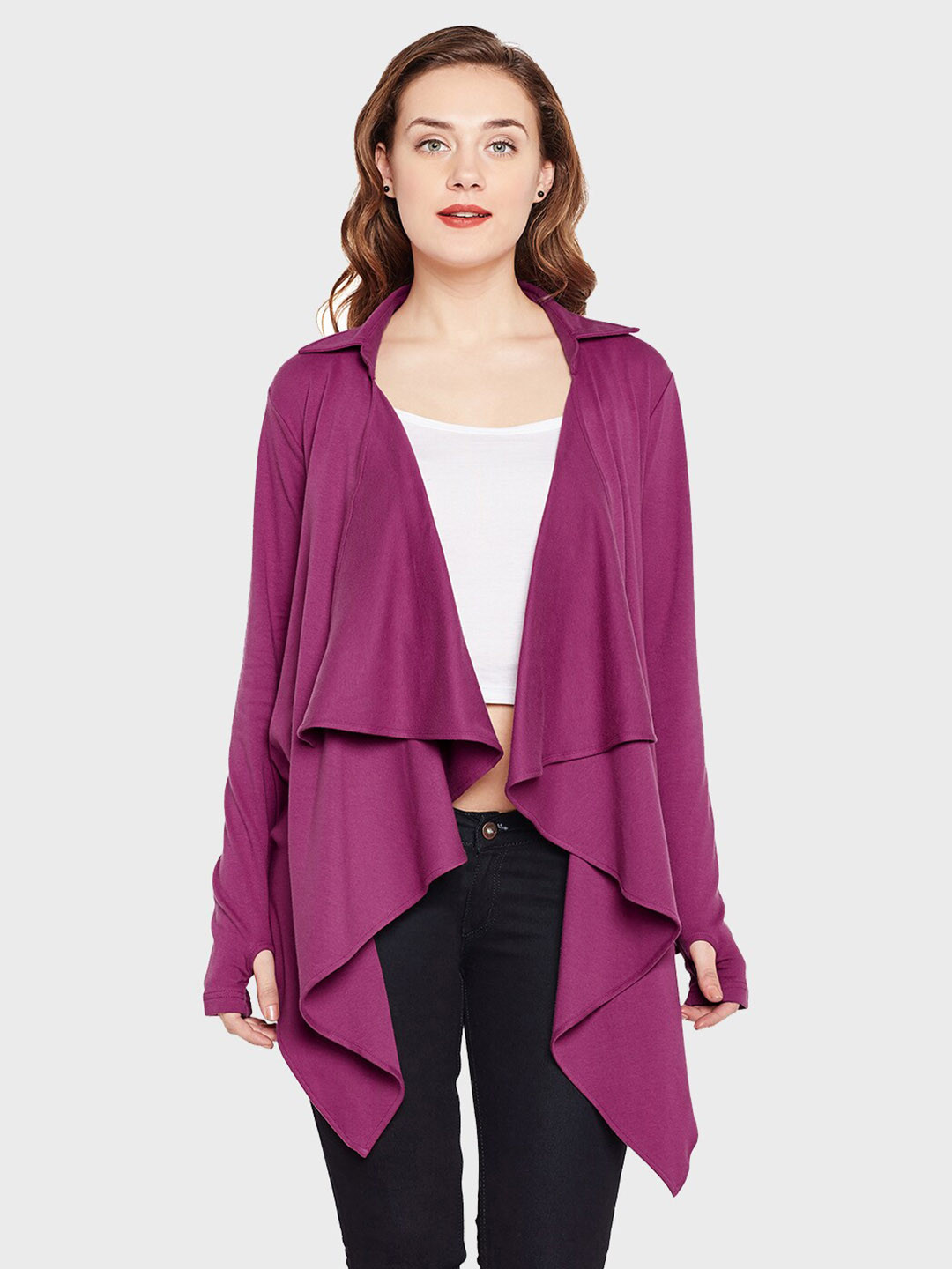 

Hypernation Women Pure Cotton Longline Shrug, Purple