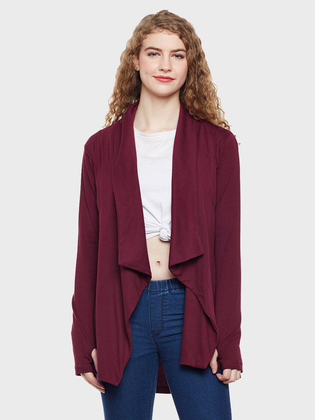 

Hypernation Women Pure Cotton Longline Shrug, Maroon