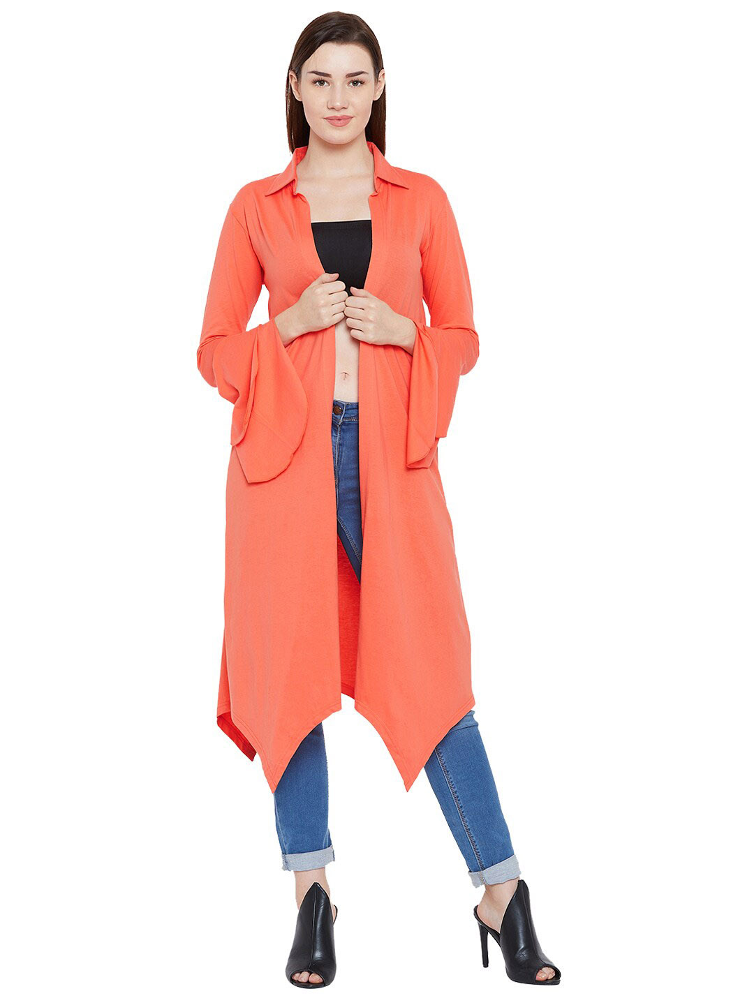 

Hypernation Women Pure Cotton Long Sleeves Longline Shrug, Orange