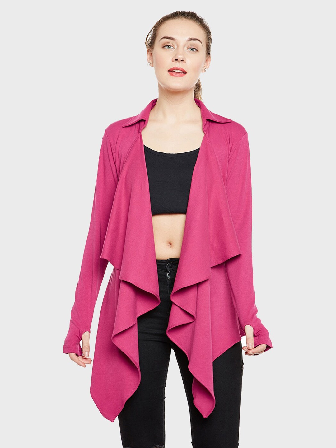 

Hypernation Women Pure Cotton Long Sleeves Dipped Longline Shrug, Magenta