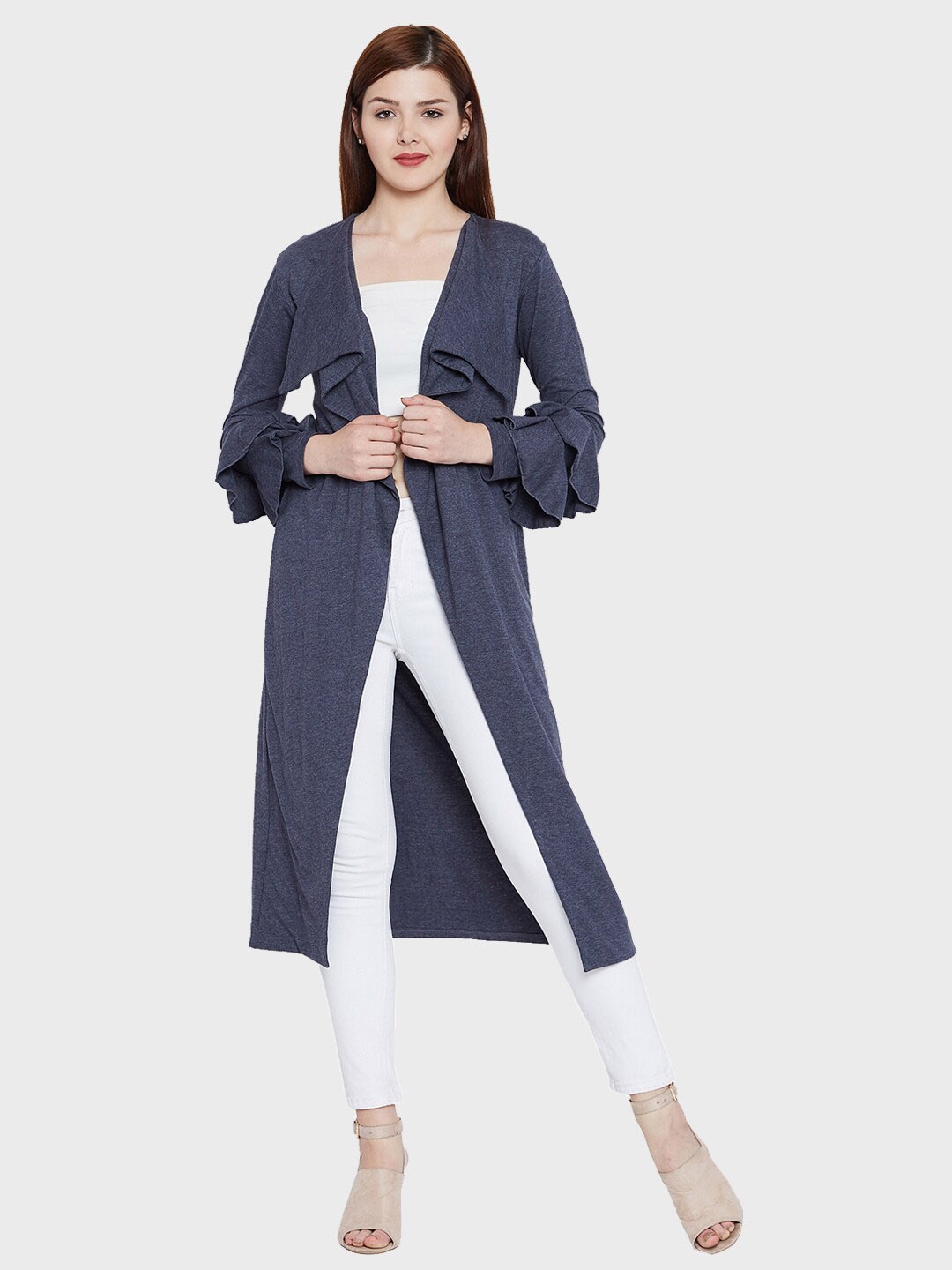 

Hypernation Women Ruffles Long Sleeve Longline Shrug, Blue
