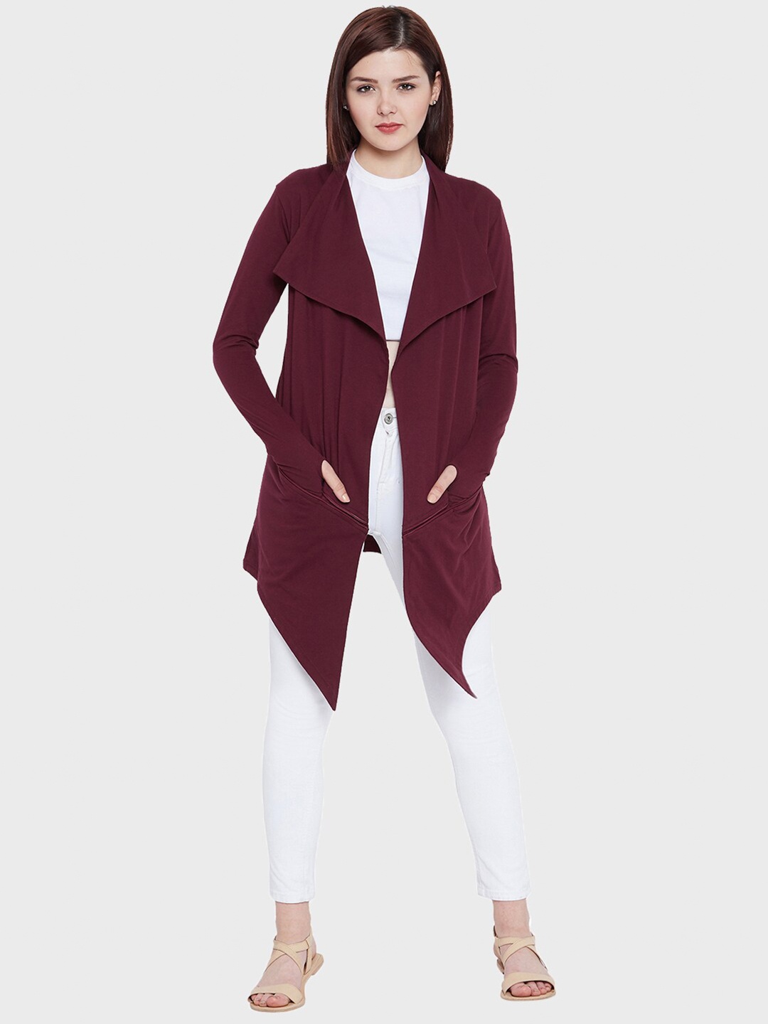 

Hypernation Women Pure Cotton Solid Longline Shrug, Maroon