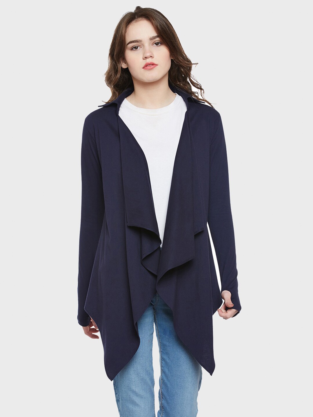 

Hypernation Women Pure Cotton Solid Shrug, Navy blue