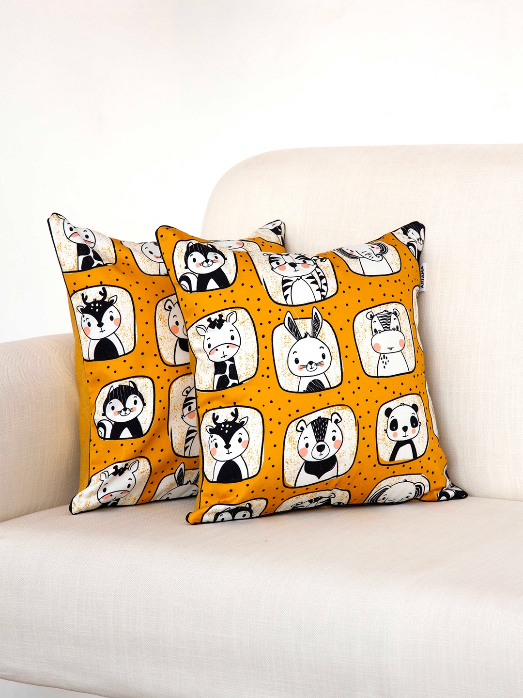 

Ariana Mustard & White Set of 2 Cartoon Characters Printed Square Cushion Covers