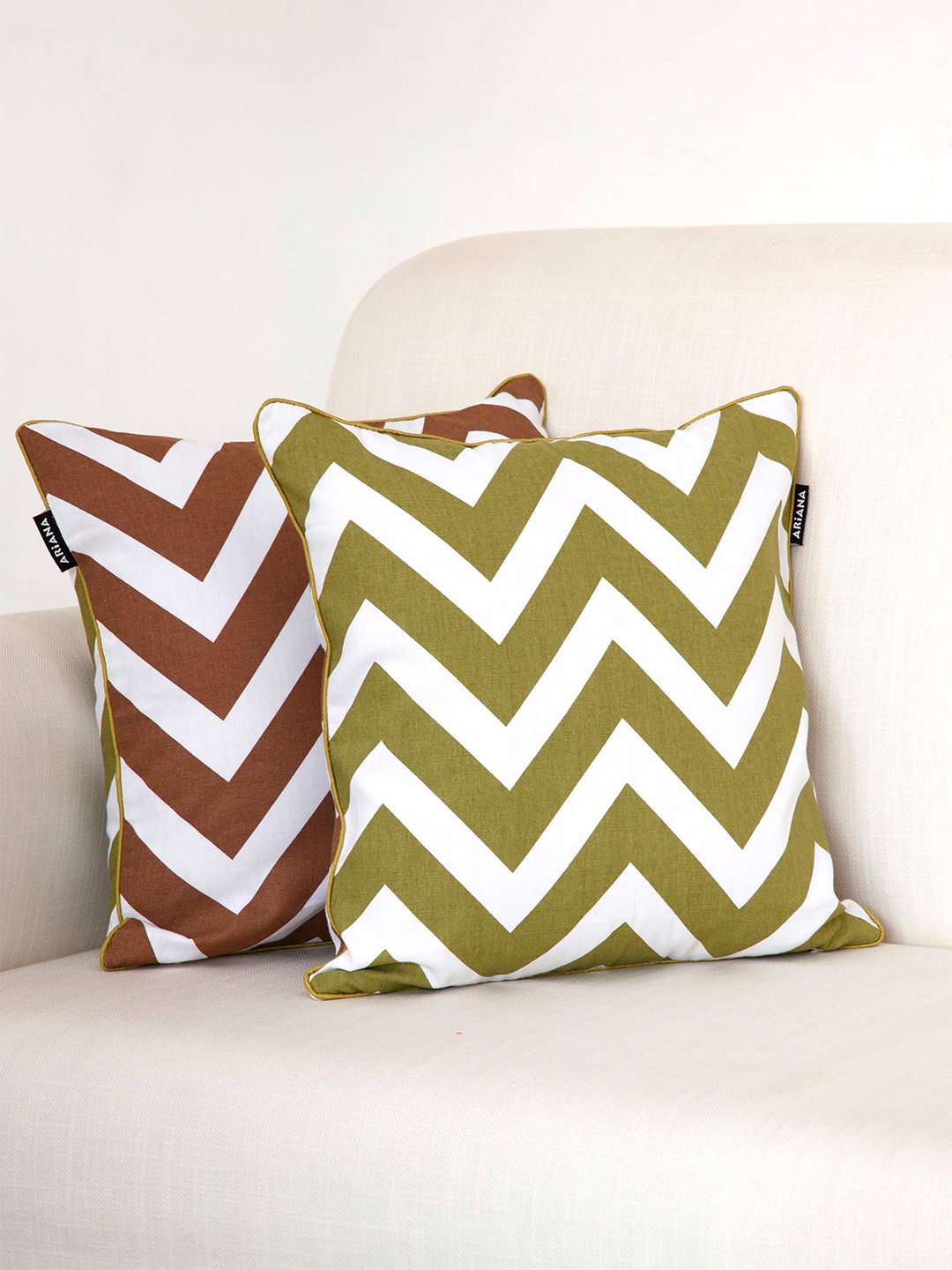 

Ariana Olive Green & Brown Set of 2 Geometric Printed Square Cushion Covers