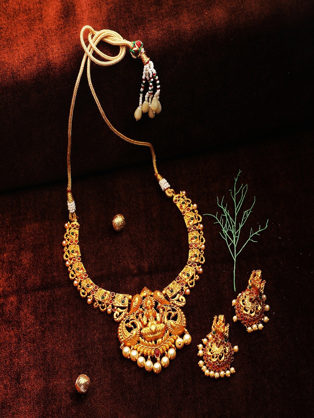 

Adwitiya Collection Gold-Plated Stones Studded & Beaded Antique Jewellery Set