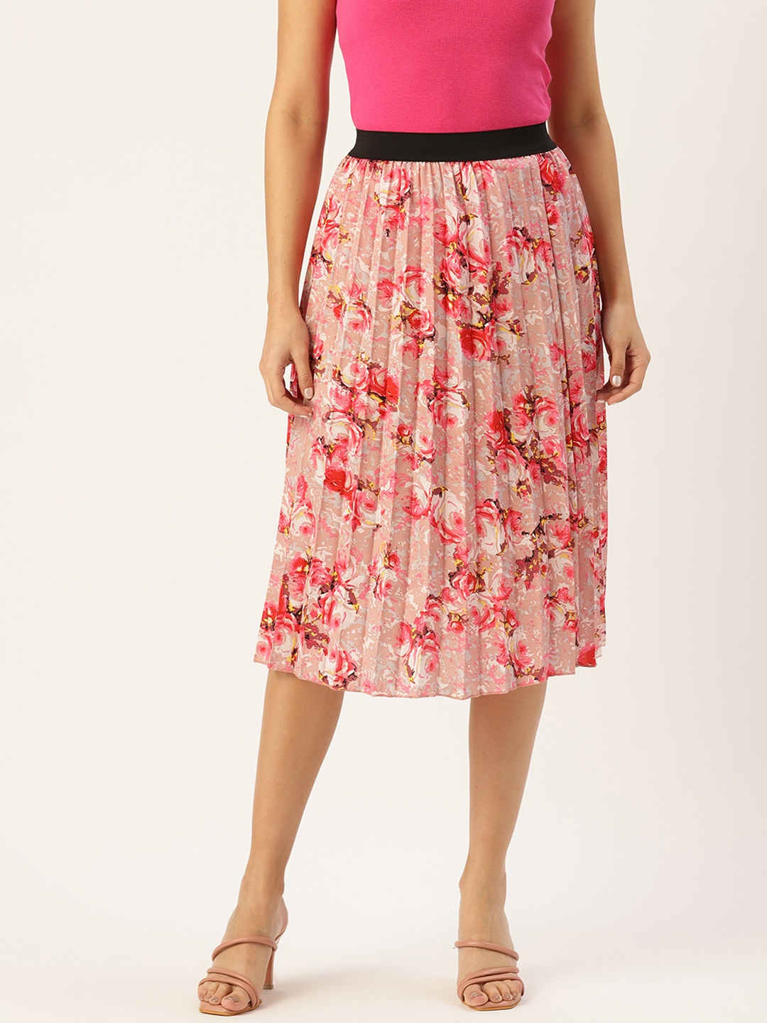 

U&F Women Floral Print Flared Pleated A-Line Midi Skirt, Pink