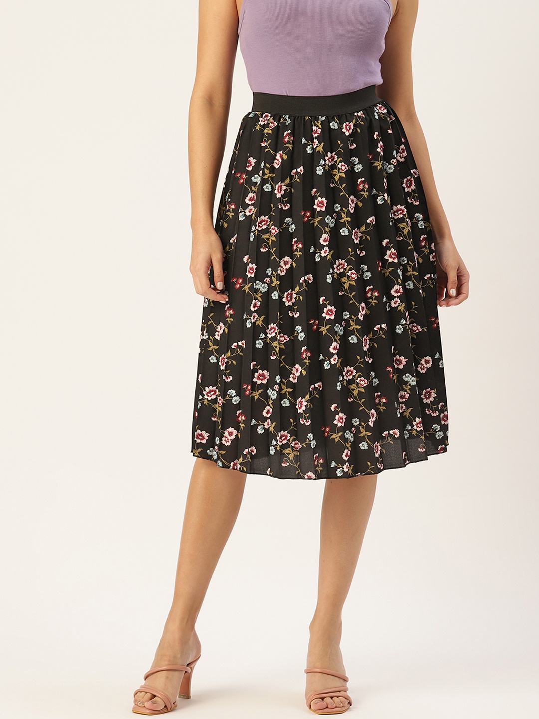 

U&F Women Floral Print Flared Pleated A-Line Midi Skirt, Black