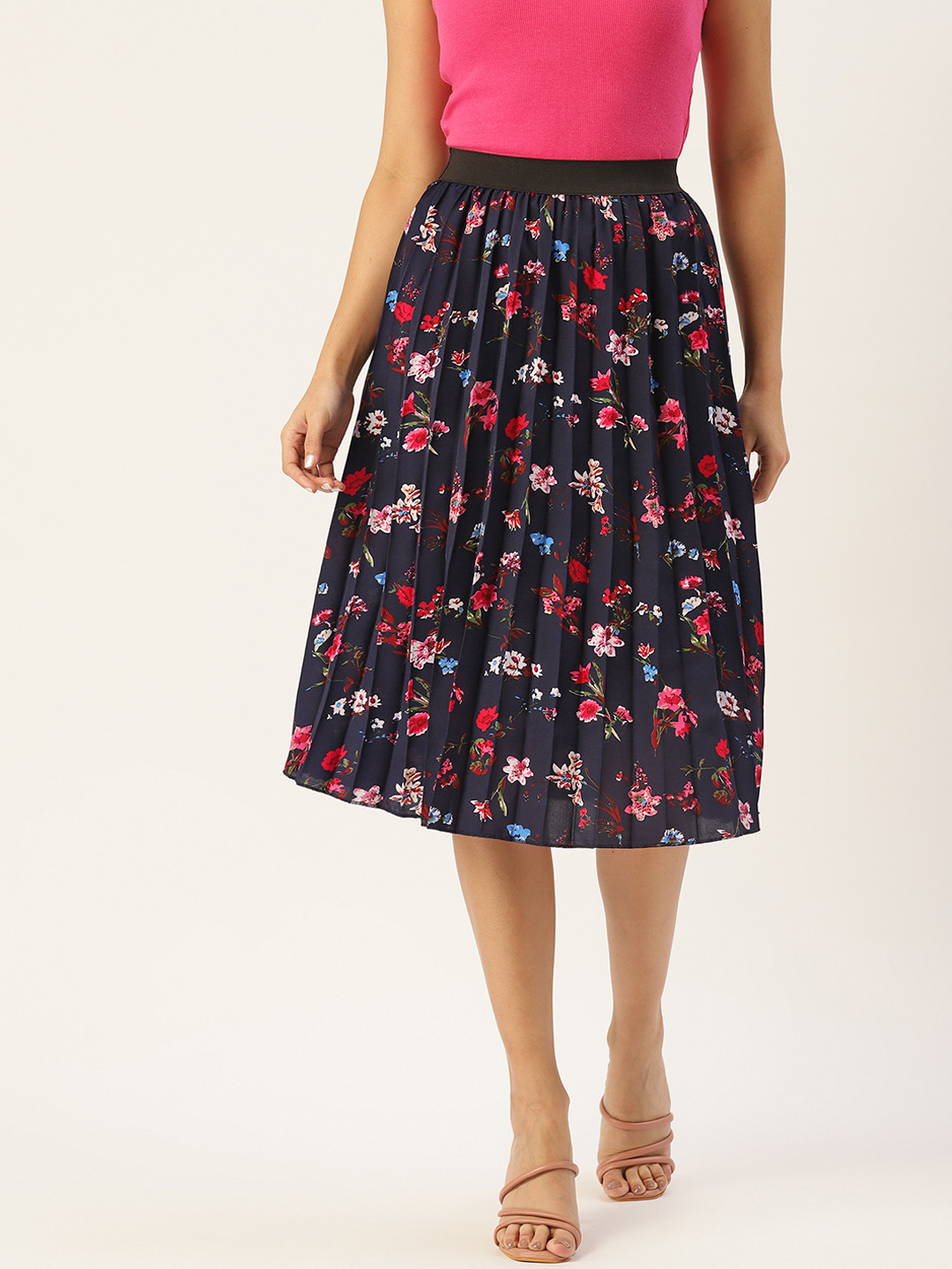 

U&F Women Floral Print Flared Pleated A-Line Midi Skirt, Navy blue