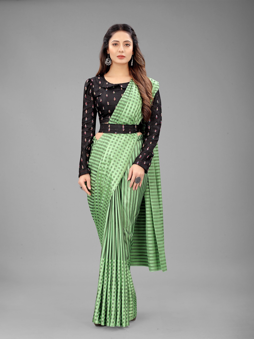 

Rangrasiya Corporation Striped Satin Saree, Green