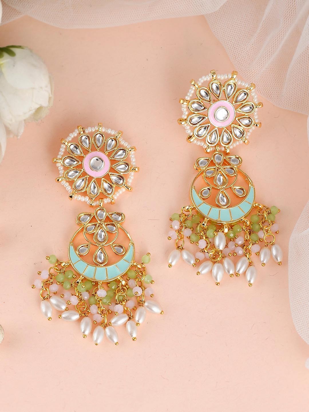 

DASTOOR Gold-Plated Kundan Contemporary Chandbalis Earrings, Turquoise blue