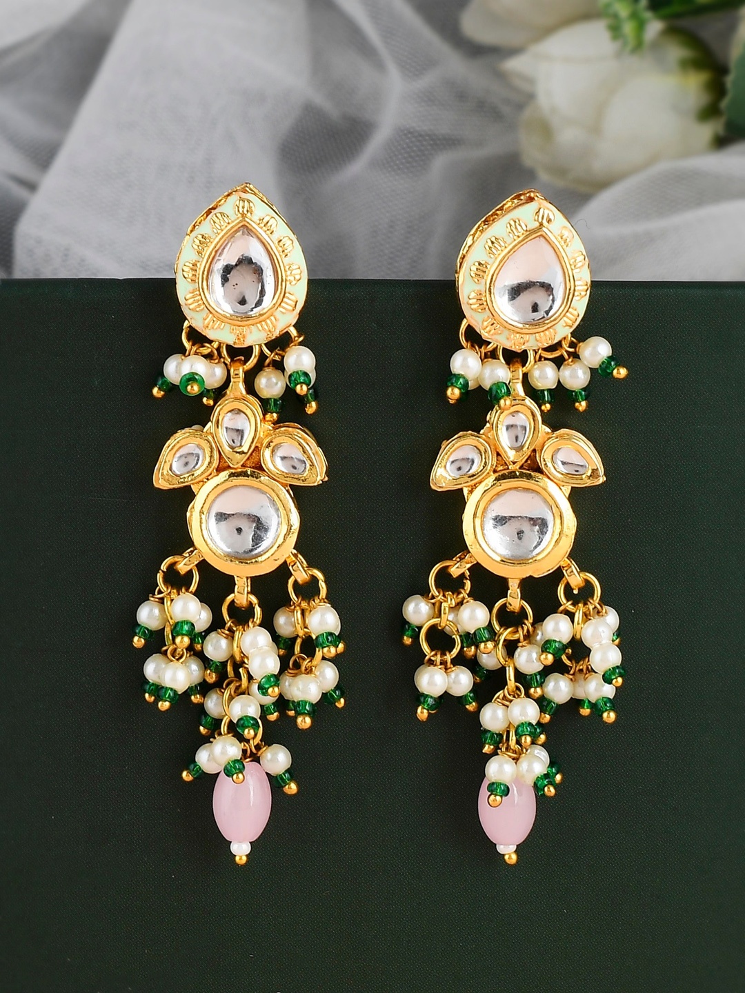 

DASTOOR Gold-Plated Kundan Studded Contemporary Drop Earrings, White