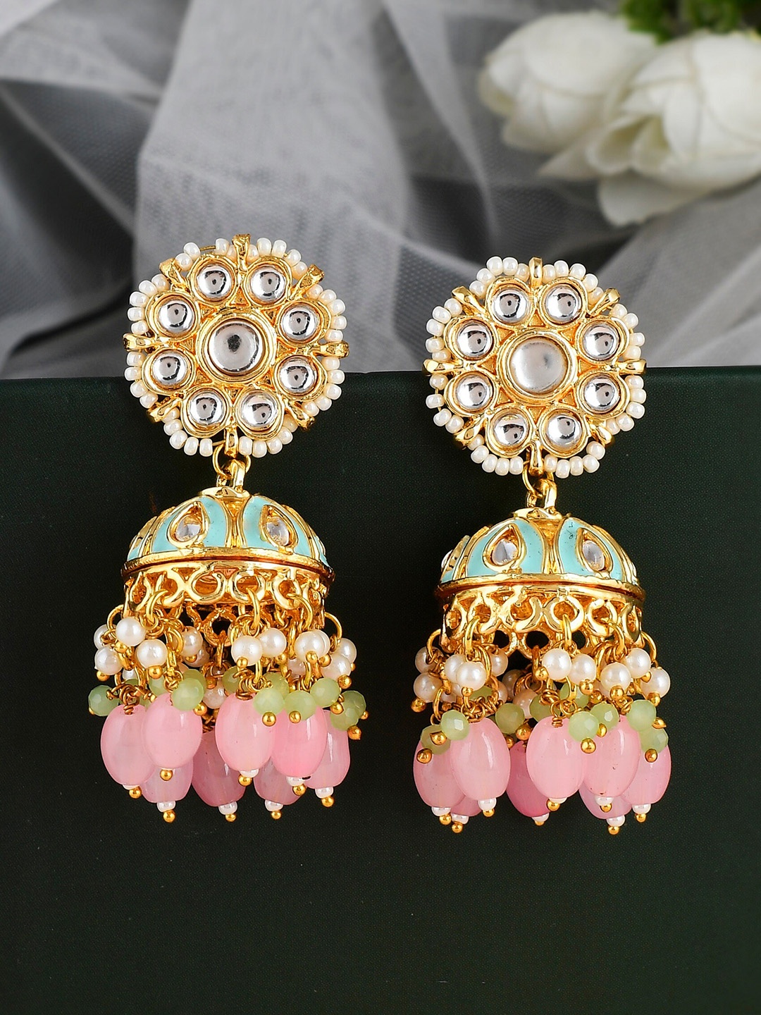 

DASTOOR Gold-Plated Kundan Contemporary Jhumkas Earrings, Pink