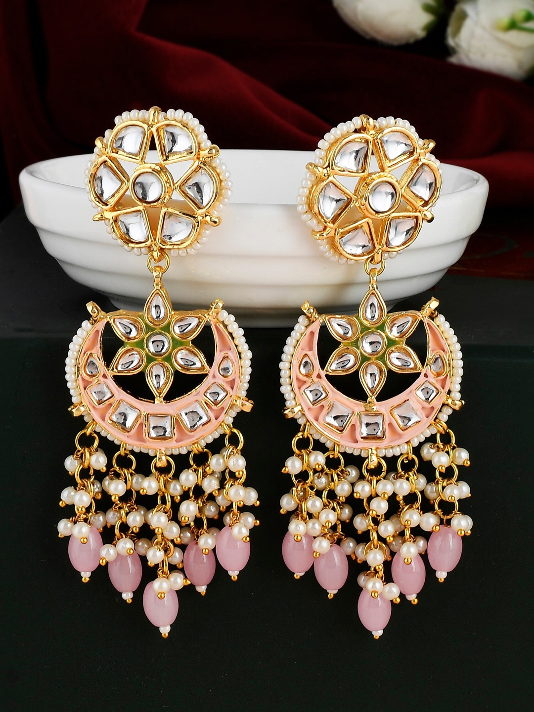 

DASTOOR Gold-Plated Contemporary Chandbalis Earrings, Pink
