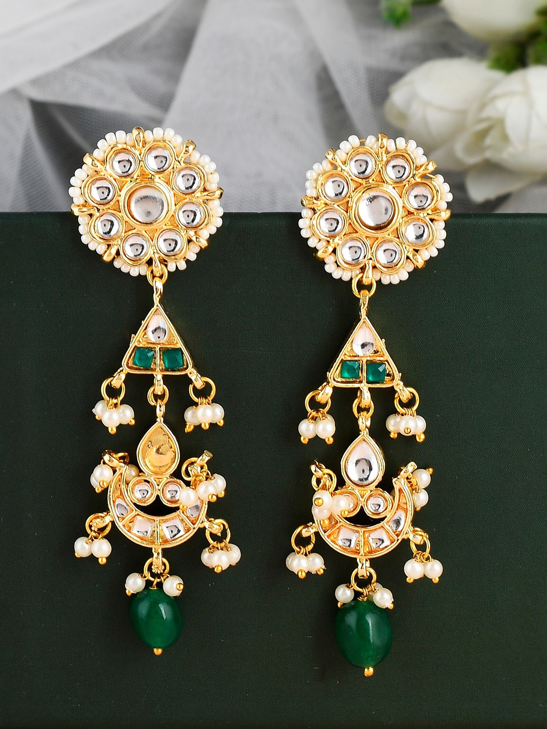 

DASTOOR Gold-Plated Kundan Studded Contemporary Drop Earrings, Green