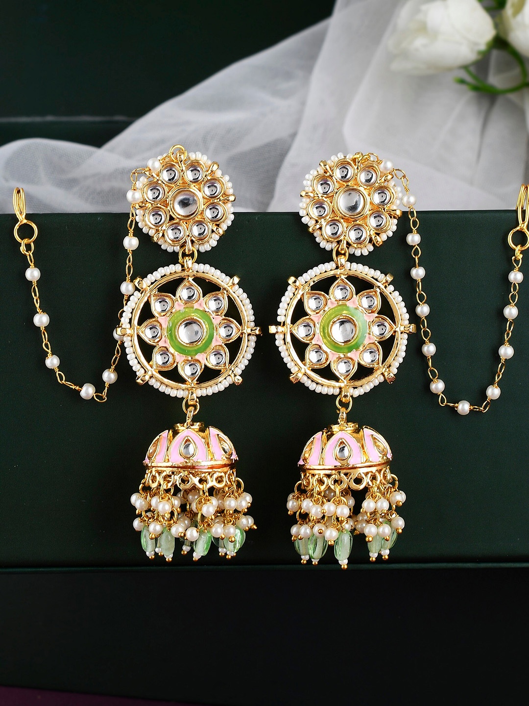 

DASTOOR Gold-Plated Kundan Studded Contemporary Jhumkas Earrings, Pink