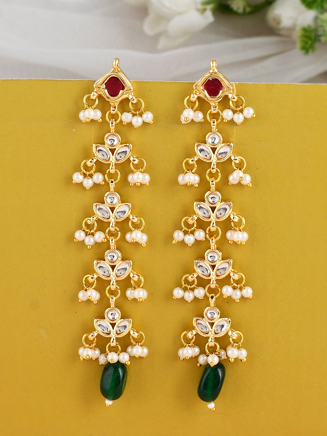 

DASTOOR Gold-Plated Kundan Studded Contemporary Drop Earrings, White