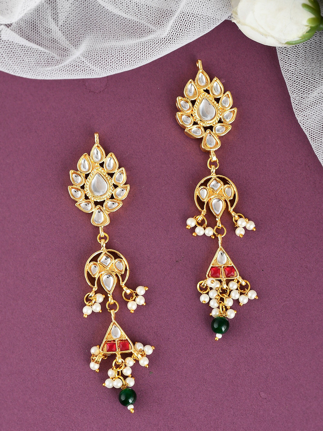 

DASTOOR Gold-Plated Kundan Studded Contemporary Drop Earrings, White