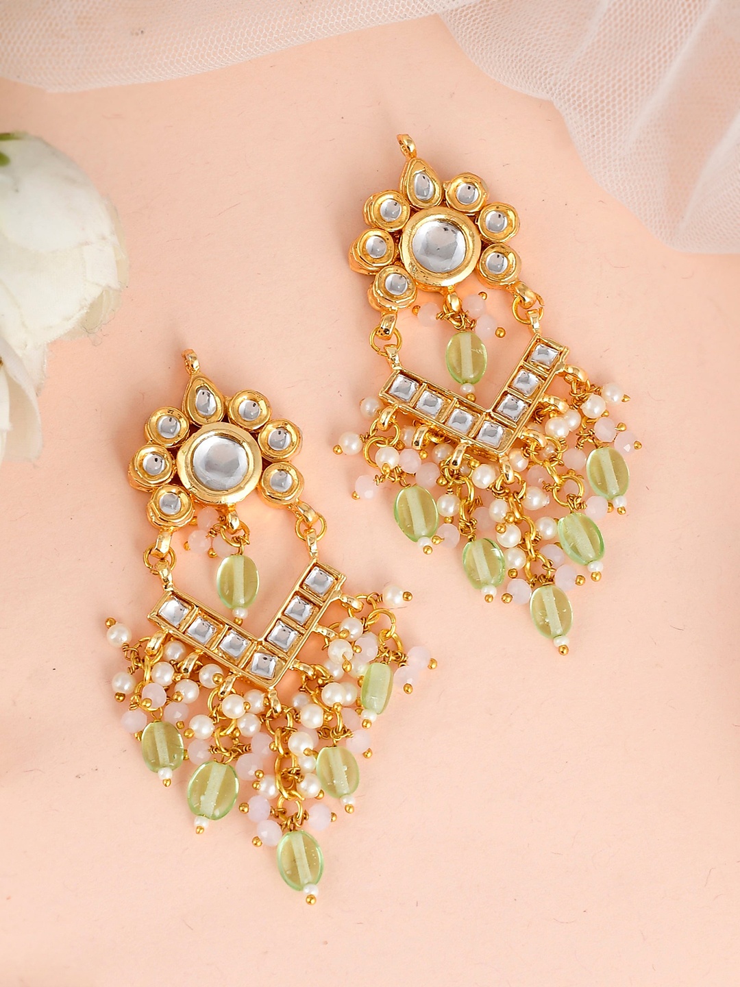 

DASTOOR Gold-Plated Kundan Studded Contemporary Chandbalis Earrings, Sea green