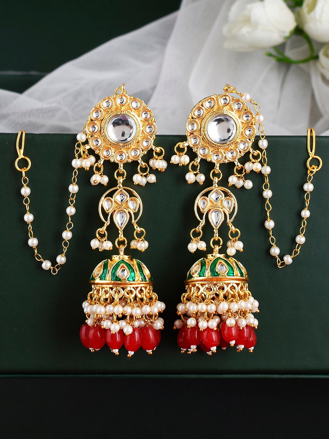 

DASTOOR Gold-Plated Contemporary Jhumkas Earrings, Red