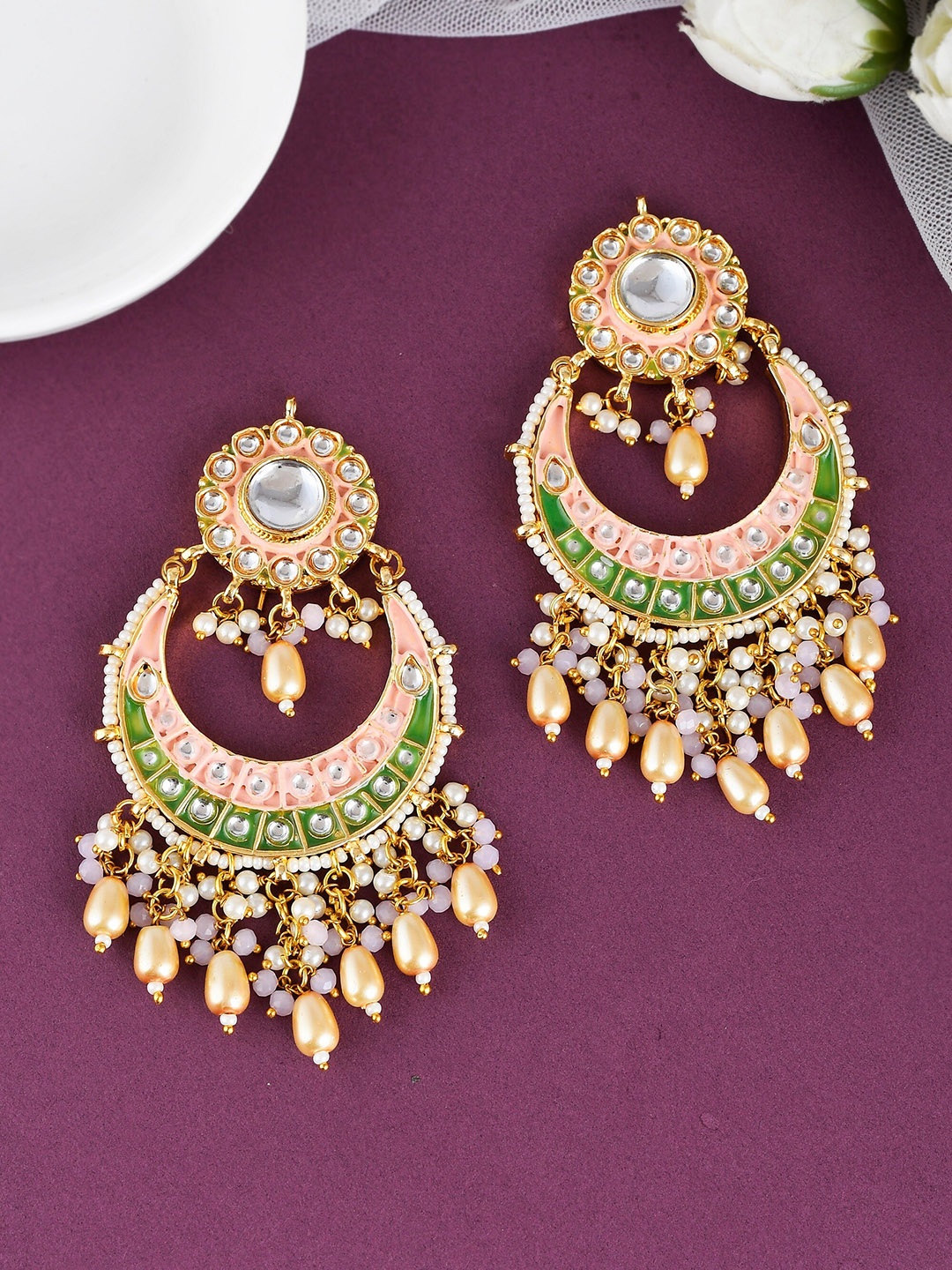 

DASTOOR Gold-Plated Contemporary Chandbalis Earrings, Pink