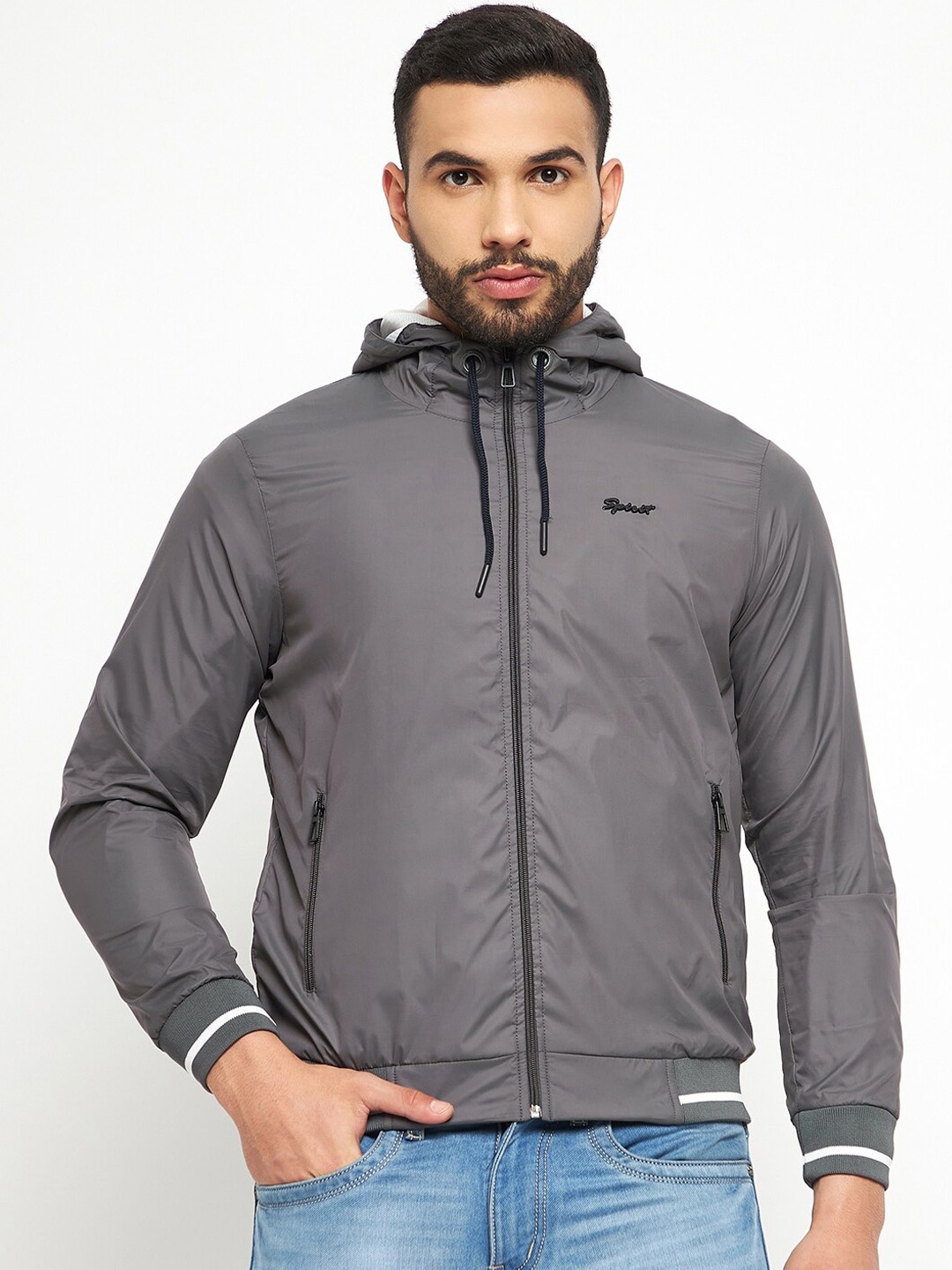 

Spirit Men Grey Solid Insulator Hooded Bomber Jacket