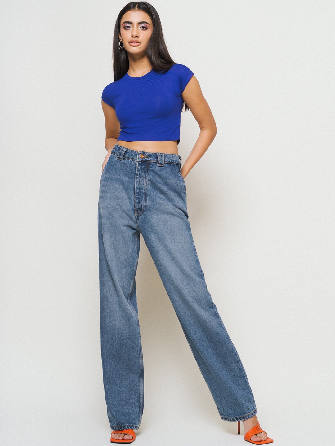 

FREAKINS Women Wide Leg High-Rise Heavy Fade Pure Cotton Jeans, Blue