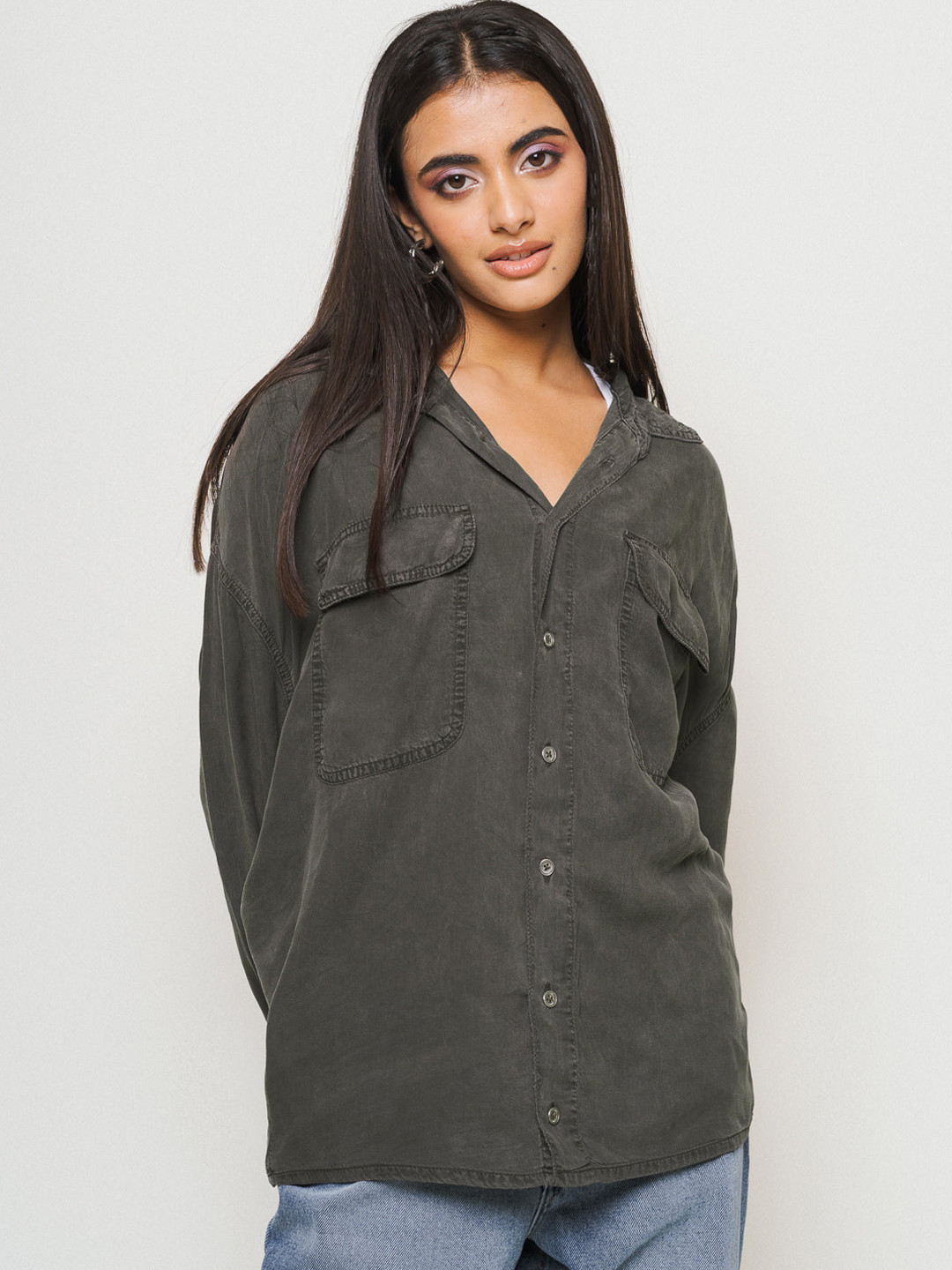 

FREAKINS Women Boxy Casual Shirt, Grey