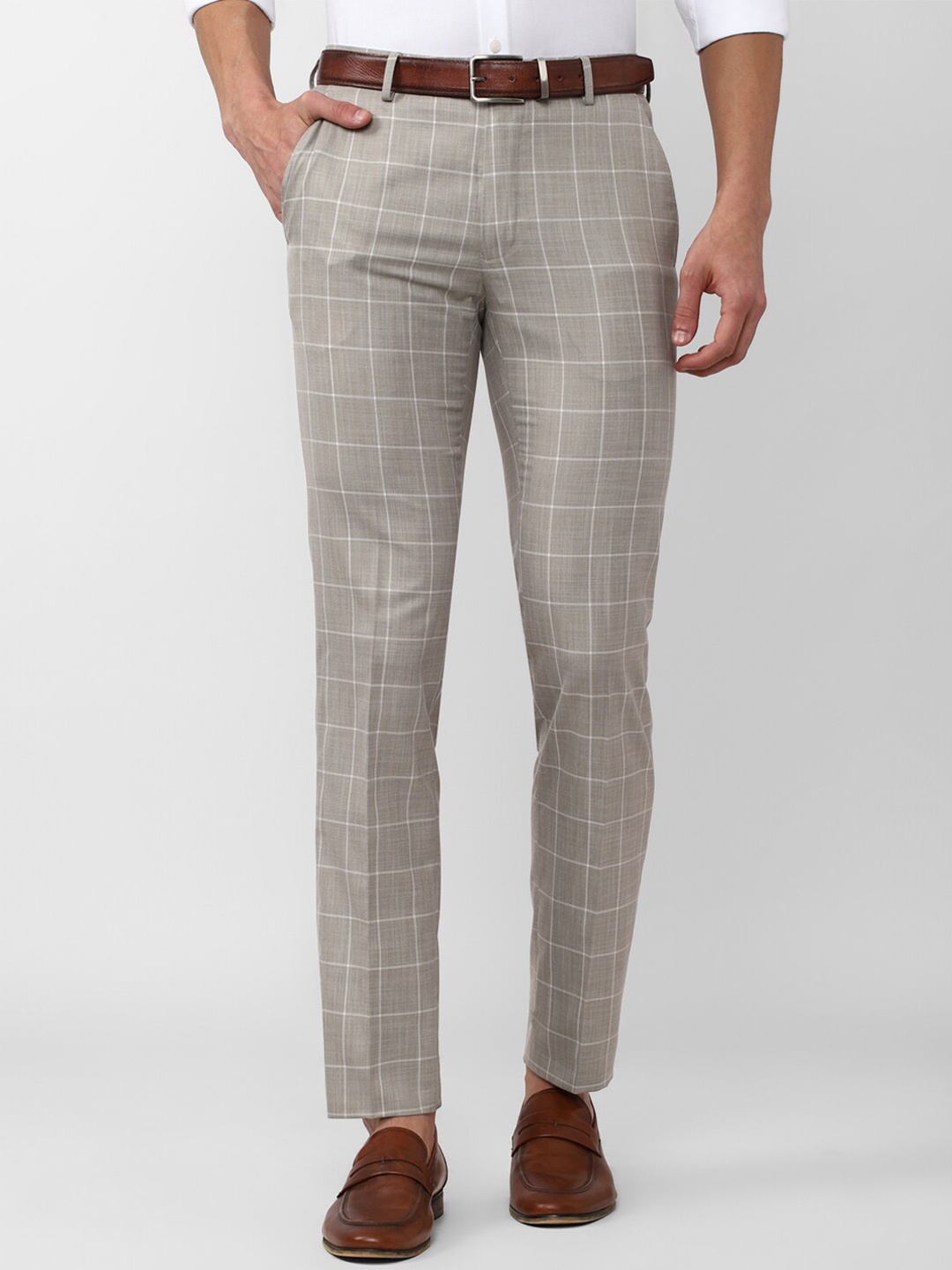 

Peter England Casuals Men Cotton Checked Slim Fit Trousers, Beige